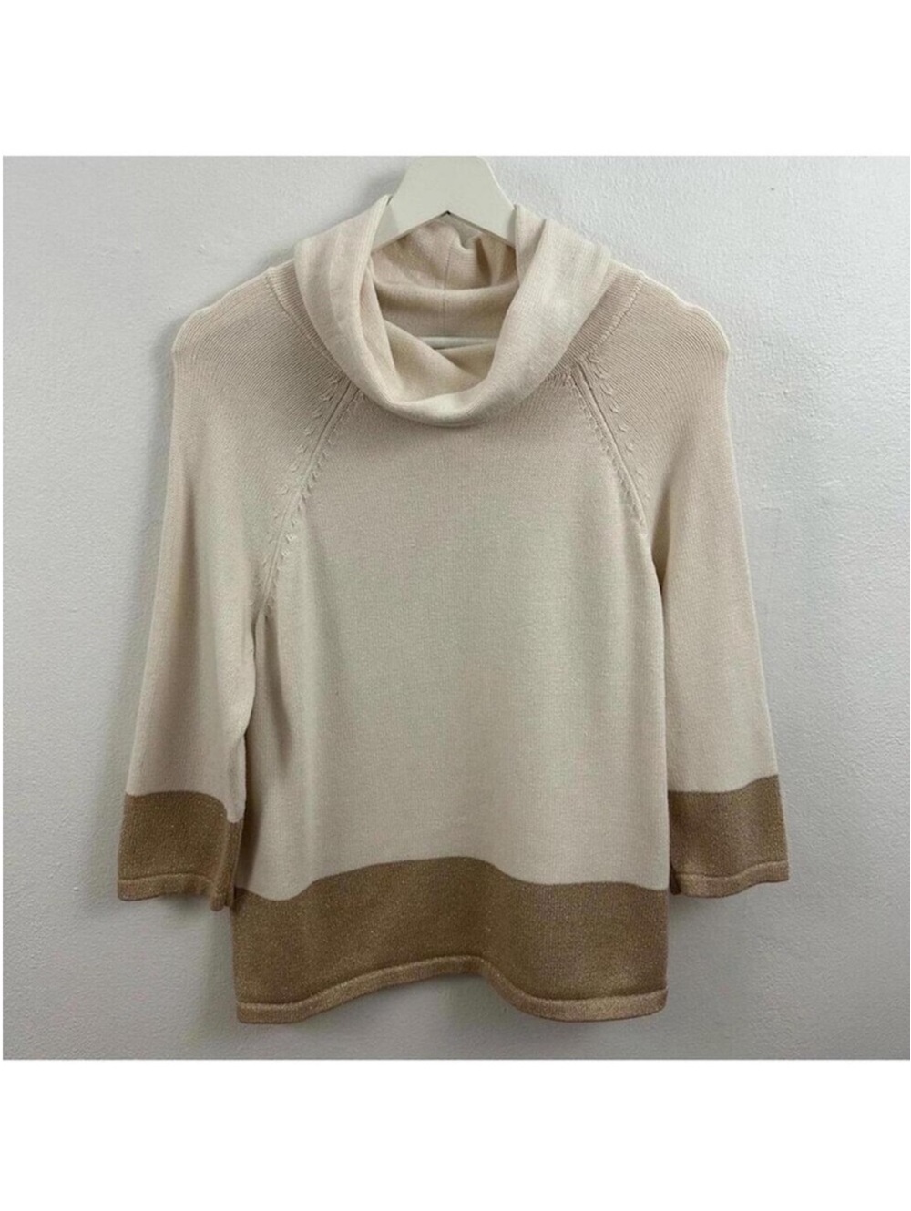 Talbots Women’s Two-Tone Cowl Neck Sweater Cream Tan Size SP